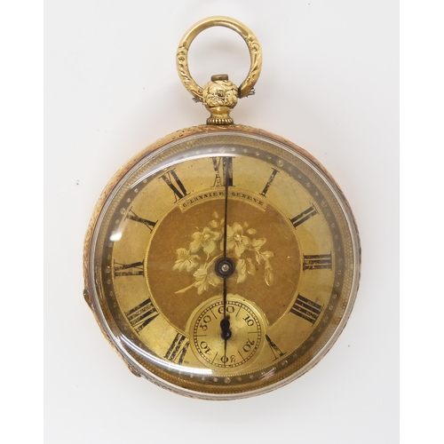 907 - AN 18CT GOLD FOB WATCHwith decorative gold coloured dial with black Roman numerals and subsidiary se... 