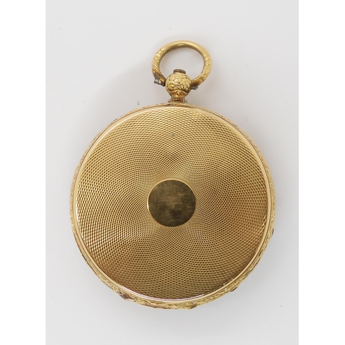 907 - AN 18CT GOLD FOB WATCHwith decorative gold coloured dial with black Roman numerals and subsidiary se... 