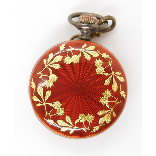 908 - A SILVER RED GUILLOCHE ENAMEL FOB WATCHwith french gold decorative motifs in the shape of horse ches... 