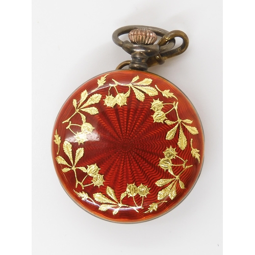 908 - A SILVER RED GUILLOCHE ENAMEL FOB WATCHwith french gold decorative motifs in the shape of horse ches... 