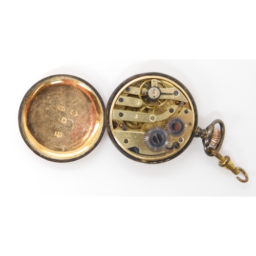 908 - A SILVER RED GUILLOCHE ENAMEL FOB WATCHwith french gold decorative motifs in the shape of horse ches... 