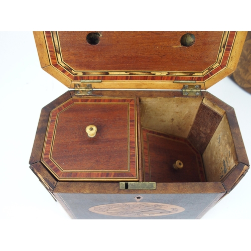 612 - A 19TH CENTURY TWO-DIVISION INLAID TEA CADDYwith hinged interior lid, canted angles, 20cm wide and a... 