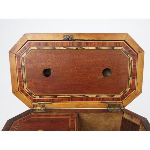 612 - A 19TH CENTURY TWO-DIVISION INLAID TEA CADDYwith hinged interior lid, canted angles, 20cm wide and a... 