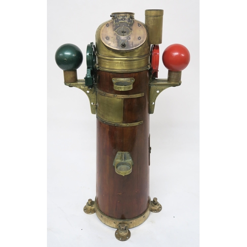 622 - A MAHOGANY AND BRASS BINNACLE lacking compass with repainted red and green compensated correcting sp... 