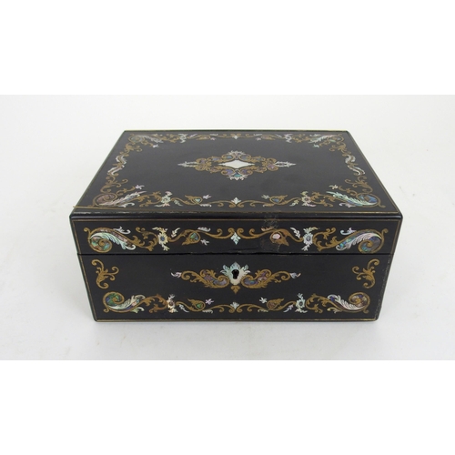 628 - A 19TH CENTURY COROMANDEL, MOTHER OF PEARL AND BRASS BOUND SEWING CASKETwith hinged lid, lift out tr... 