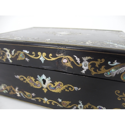 628 - A 19TH CENTURY COROMANDEL, MOTHER OF PEARL AND BRASS BOUND SEWING CASKETwith hinged lid, lift out tr... 