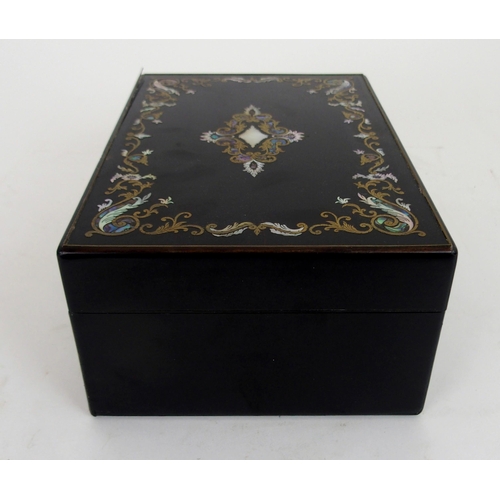 628 - A 19TH CENTURY COROMANDEL, MOTHER OF PEARL AND BRASS BOUND SEWING CASKETwith hinged lid, lift out tr... 