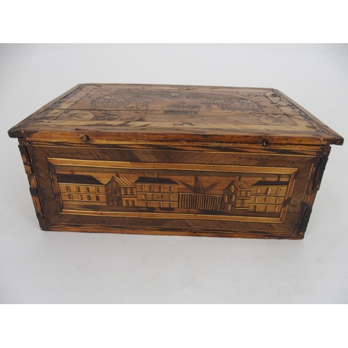 631 - A 19TH CENTURY STRAWWORK BOX POSSIBLY PRISONER OF WARthe hinged lid with pictorial river and townsca... 