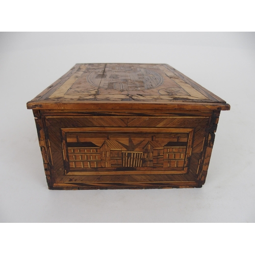 631 - A 19TH CENTURY STRAWWORK BOX POSSIBLY PRISONER OF WARthe hinged lid with pictorial river and townsca... 