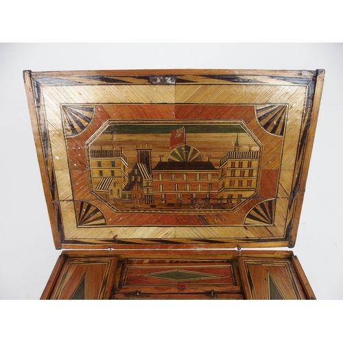 631 - A 19TH CENTURY STRAWWORK BOX POSSIBLY PRISONER OF WARthe hinged lid with pictorial river and townsca... 