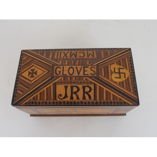 632 - A TUNBRIDGEWARE GLOVE BOXthe hinged lid inscribed Gloves, JRR, MCMXII, the front panel decorated wit... 