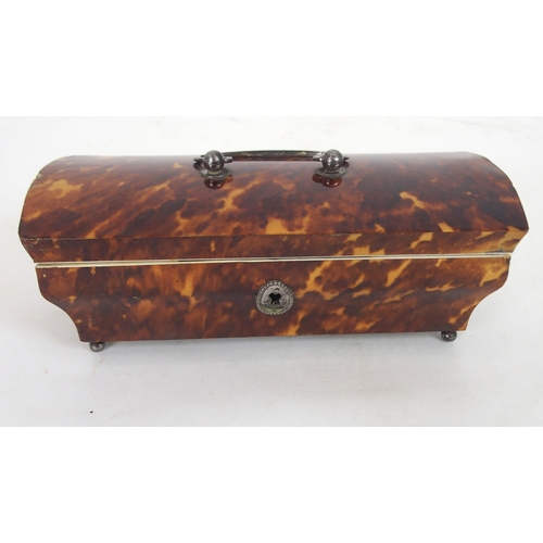 634 - A 19TH CENTURY TORTOISHELL SEWING CASKETwith hinged lid and swing handle, with original accessories ... 