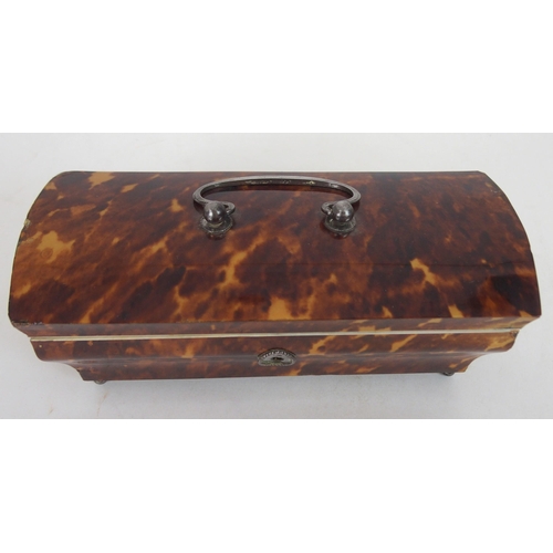 634 - A 19TH CENTURY TORTOISHELL SEWING CASKETwith hinged lid and swing handle, with original accessories ... 