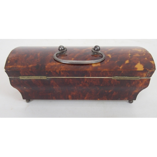 634 - A 19TH CENTURY TORTOISHELL SEWING CASKETwith hinged lid and swing handle, with original accessories ... 