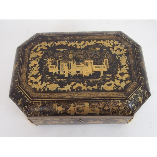 636 - *WITHDRAWN* A 19TH CENTURY CHINESE CHINOISERIE SEWING CASKETdecorated with figures in a garden, with... 