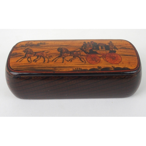 637 - A 19TH CENTURY MAUCHLINE WARE SYCAMORE AND PEN WORK SNUFF BOXpossibly by Crichton of Cumnock, the co... 