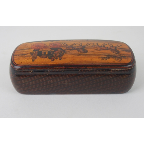 637 - A 19TH CENTURY MAUCHLINE WARE SYCAMORE AND PEN WORK SNUFF BOXpossibly by Crichton of Cumnock, the co... 