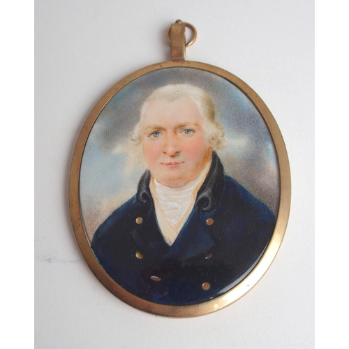 649 - WITHDRAWN LOTA PAINTED OVAL PORTRAIT MINIATURE OF A GENTLEMANin blue coat, 7.5 x 5cm in yellow-metal... 