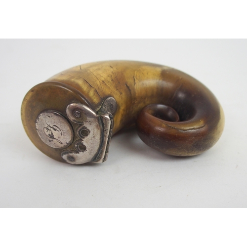 654 - A WHITE-METAL-MOUNTED RAM'S HORN SNUFF MULLwith hinged lid, and inscribed with initials, 9cm long... 