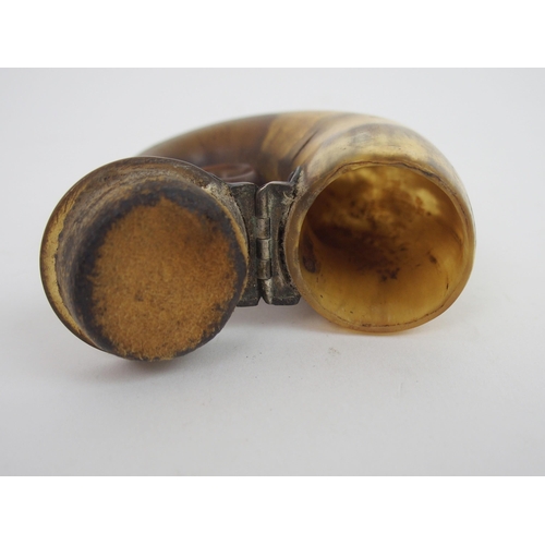 654 - A WHITE-METAL-MOUNTED RAM'S HORN SNUFF MULLwith hinged lid, and inscribed with initials, 9cm long... 