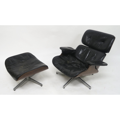 101 - A MID 20TH CENTURY AFTER CHARLES AND RAY EAMES FOR HERMAN MILLER LOUNGE CHAIR AND STOOLwith black le... 