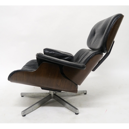 101 - A MID 20TH CENTURY AFTER CHARLES AND RAY EAMES FOR HERMAN MILLER LOUNGE CHAIR AND STOOLwith black le... 