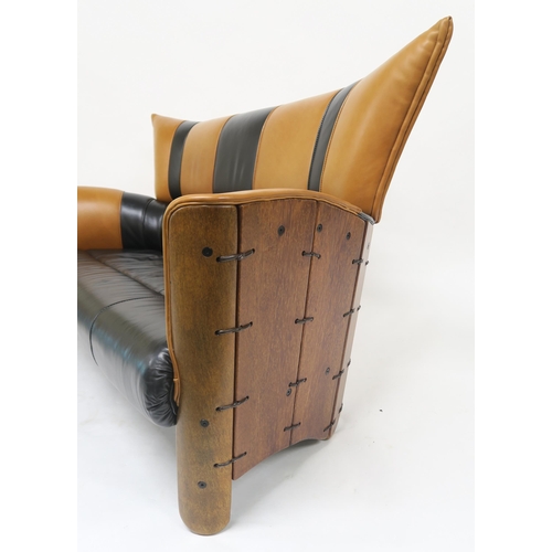 106 - A CONTEMPORARY PACIFIC GREEN MOOREA TWO SEATER SOFAwith polished palmwood panelled back and sides an... 