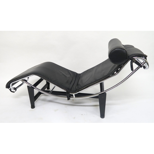 108 - A 20TH CENTURY CHROME AND BLACK LEATHER UPHOLSTERED CHAISE LOUNGE IN THE MANNER OF LE CORBUSIERon a ... 