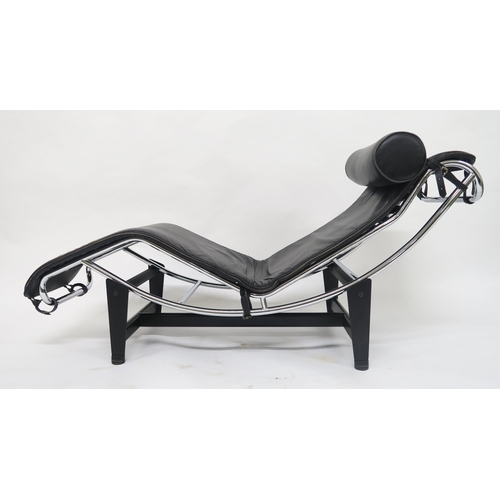 108 - A 20TH CENTURY CHROME AND BLACK LEATHER UPHOLSTERED CHAISE LOUNGE IN THE MANNER OF LE CORBUSIERon a ... 