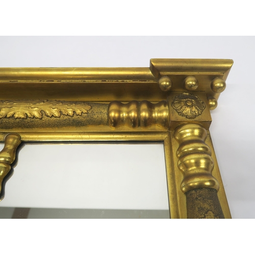 13 - A 19TH CENTURY GILTWOOD AND GESSO OVERMANTLE MIRRORwith shaped cornice above mirror plates flanked b... 