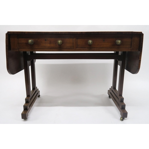 23 - A VICTORIAN MAHOGANY SOFA TABLEwith square supports terminating in staggered geometric scroll feet, ... 