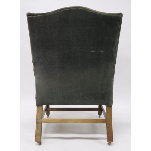 28 - A GEORGIAN MAHOGANY FRAMED OPEN ARMCHAIRwith green upholstery on stretchered square chamfered suppor... 
