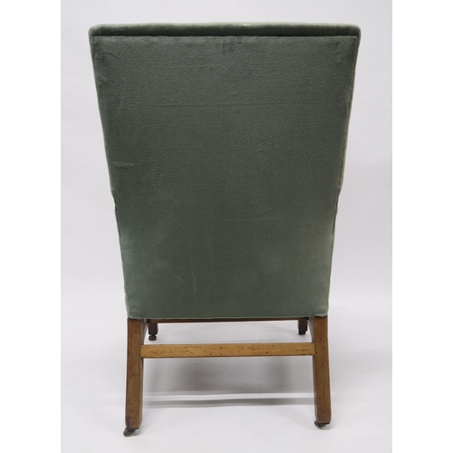 29 - A GEORGIAN MAHOGANY FRAMED OPEN ARMCHAIRwith green upholstery on stretchered square supports, 105cm ... 
