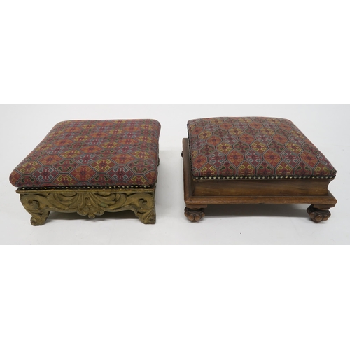 34 - A VICTORIAN WALNUT FRAMED TAPESTRY UPHOLSTERED FOOTSTOOLon two X-frame supports joined by turned str... 