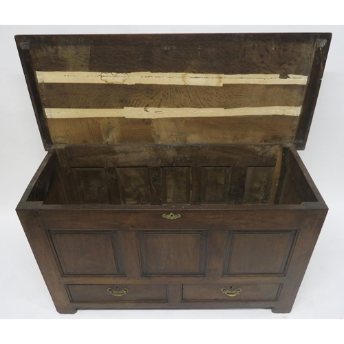 35 - A 18TH CENTURY OAK PANELLED COFFERwith hinged top above two drawers, 81cm high x 141cm wide x 60cm d... 