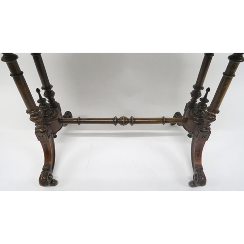 4 - A VICTORIAN BURR WALNUT FOLDOVER CARD TABLEwith turned supports and stretcher on shaped out swept fe... 