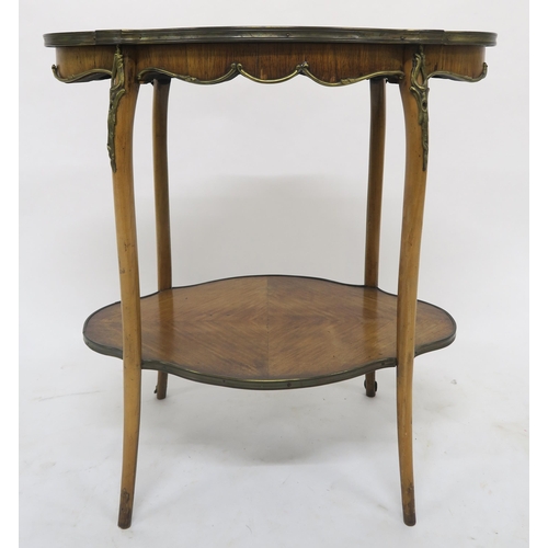 46 - A VICTORIAN KINGWOOD AND MARQUETRY INLAID TWO TIER TABLEwith brass mounts to edges and supports, 73c... 