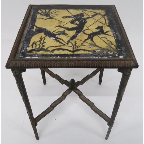 5 - AN AMERICAN CAST IRON ART DECO SIDE TABLEwith a glass inset top depicting Diana the huntress on four... 