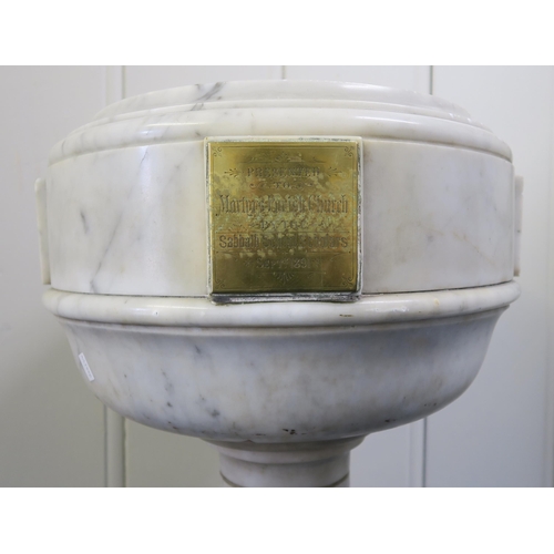 51 - A VICTORIAN MARBLE BAPTISMAL FONTwith circular marble basin on pedestal base, brass plaque engraved ... 