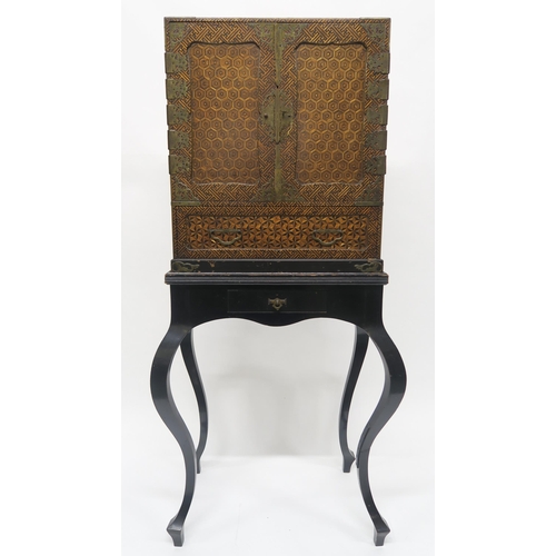 6 - A 19TH CENTURY JAPANESE MEIJI PERIOD PARQUETRY AND BRASS MOUNTED CABINET with two cabinet doors encl... 