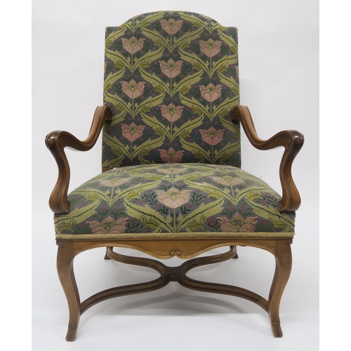 9 - A 19TH CENTURY CONTINENTAL STYLE MAHOGANY FRAMED OPEN ARMCHAIRback and seat upholstered in a William... 