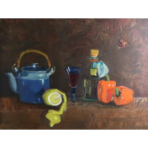 1016 - NORMAN KIRKHAM RGI (SCOTTISH 1936-2021)STILL LIFE WITH PEELED LEMONOil on canvas, signed upper right... 