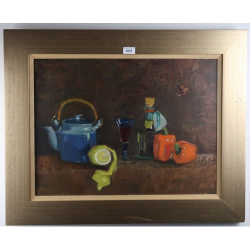 1016 - NORMAN KIRKHAM RGI (SCOTTISH 1936-2021)STILL LIFE WITH PEELED LEMONOil on canvas, signed upper right... 