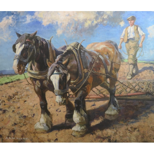 1018 - ARCHIBALD RUSSELL WATSON ALLAN (SCOTTISH 1878-1959)HEAVY HORSES HARROWINGOil on canvas, signed lower... 