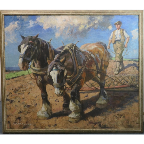 1018 - ARCHIBALD RUSSELL WATSON ALLAN (SCOTTISH 1878-1959)HEAVY HORSES HARROWINGOil on canvas, signed lower... 