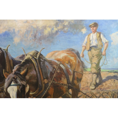 1018 - ARCHIBALD RUSSELL WATSON ALLAN (SCOTTISH 1878-1959)HEAVY HORSES HARROWINGOil on canvas, signed lower... 