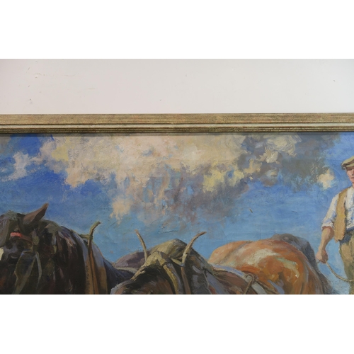 1018 - ARCHIBALD RUSSELL WATSON ALLAN (SCOTTISH 1878-1959)HEAVY HORSES HARROWINGOil on canvas, signed lower... 