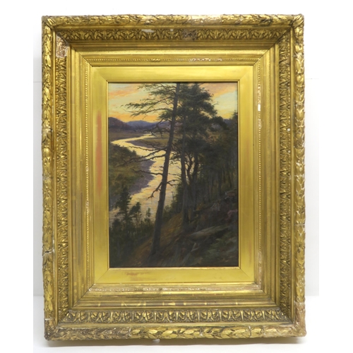 1028 - JOSEPH FARQUHARSON RA (SCOTTISH 1846-1935)SUNSET ON A RIVER THROUGH THE TREESOil on canvas, signed, ... 