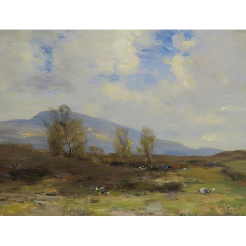 1044 - WILLIAM MILLER FRAZER RSA (SCOTTISH 1864-1961)SHEEP WITH THEIR LAMBS ON THE WINDSWEPT MOORS Oil... 