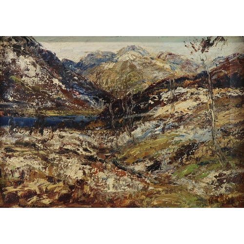 1048 - JAMES KAY RSA RSW (SCOTTISH 1858-1942)WINTER IN THE GLENOil on canvas, signed, 25.5 x 35.5cm (10 x 1... 